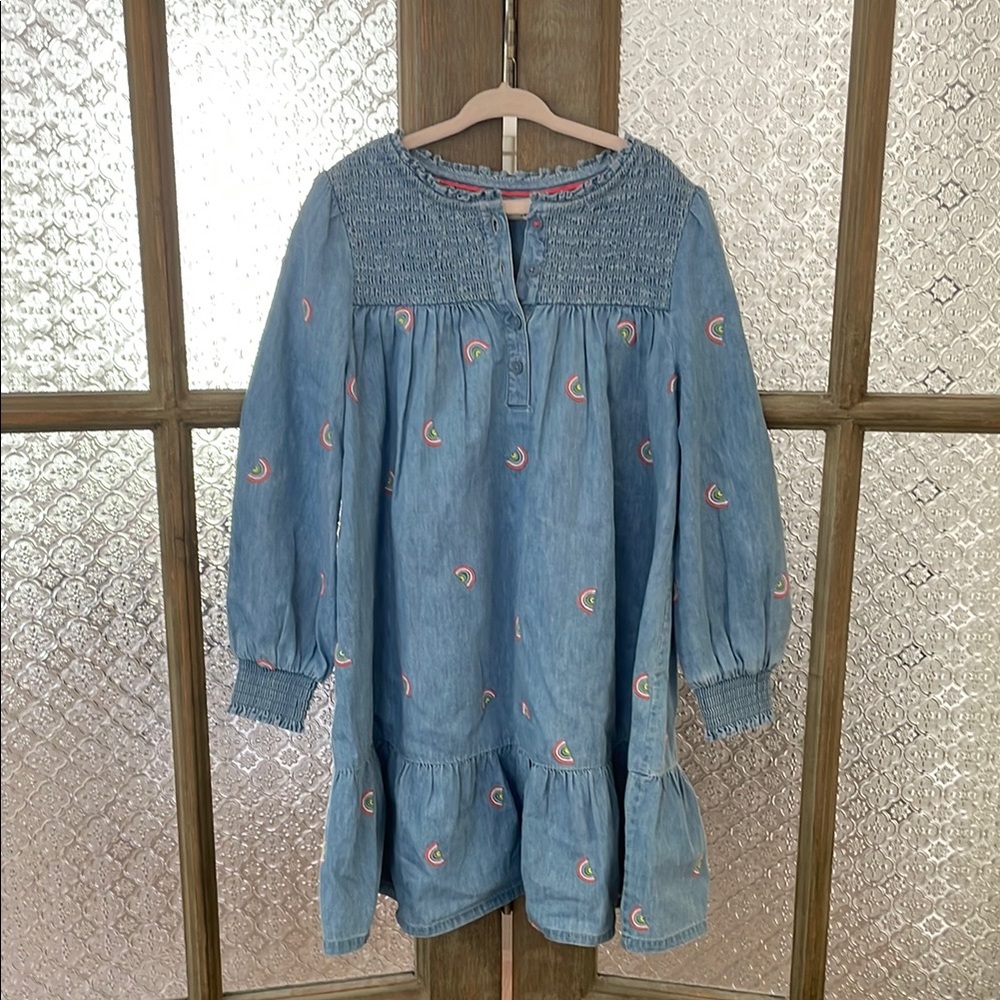 Mini Boden Girl’s Blue Denim Dress with Rainbow Embroidery - Size 7-8Y